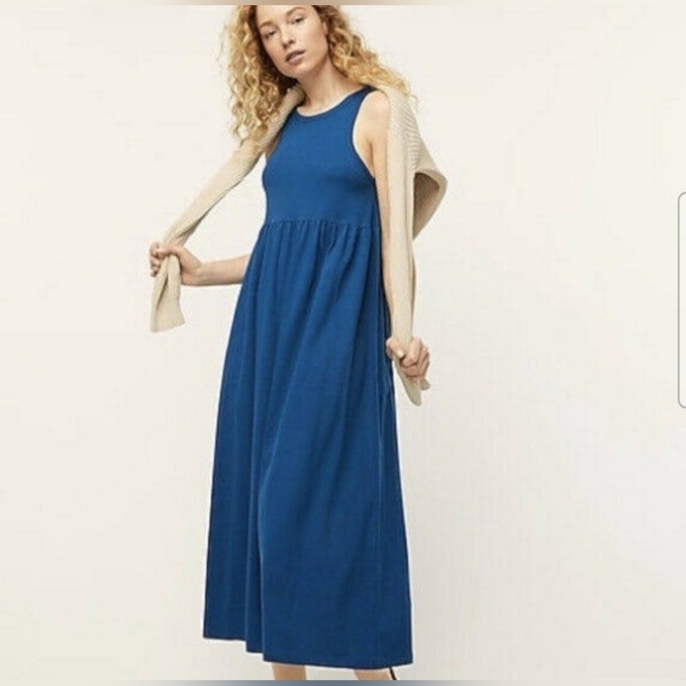 J.Crew blue cotton cutaway sleeveless maxi dress large pleated minimalist